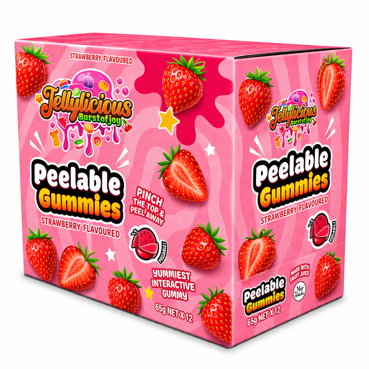 Jellylicious Peelable Strawberry Gummies Full Box of 12 - Choose your Flavour - Wholesale (SRP: 3.99 each pack)