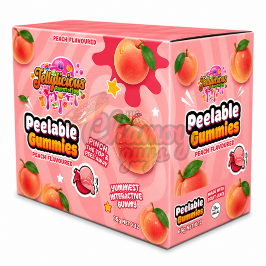 Jellylicious Peelable Peach Gummies Full Box of 12 - Choose your Flavour - Wholesale (SRP: 3.99 each pack)